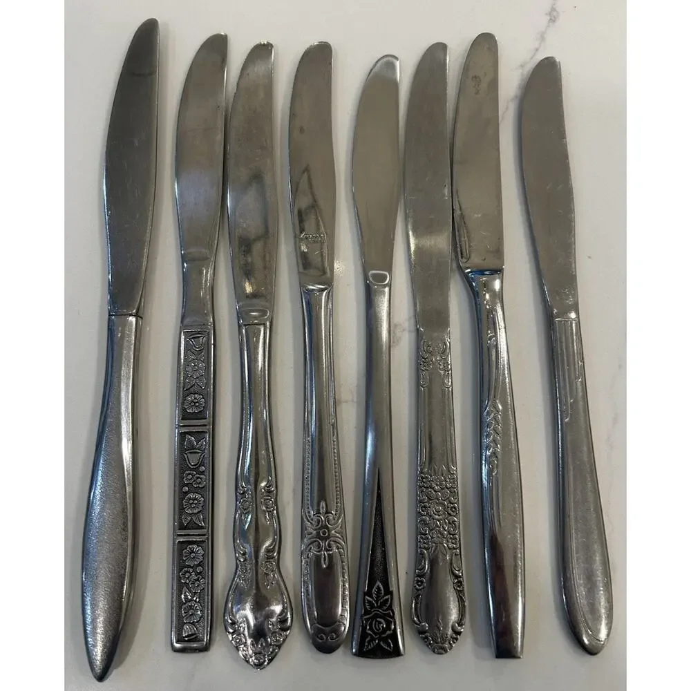 Vtg Mixed Lot of 8 Dinner Knives‎ 9” MCM Mismatched Stainless Floral Patterns